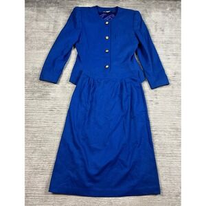 Mark Alexander Skirt Suit Womens 14 Blue Vintage Wool Blend Gold Button 2 Piece